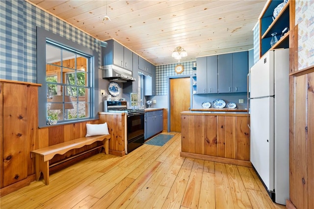 355 Scott Rd, Cumberland, RI 02864 - kitchen with electric range, freestanding refrigerator, wallpapered walls, under cabinet range hood, and open shelves