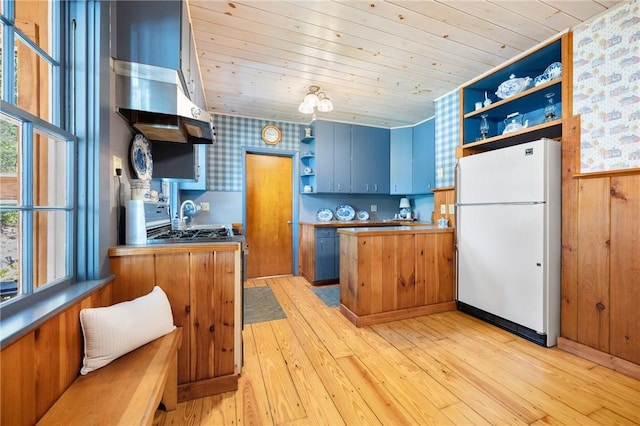 355 Scott Rd, Cumberland, RI 02864 - kitchen featuring freestanding refrigerator, open shelves, wallpapered walls, light wood-type flooring, and wood ceiling