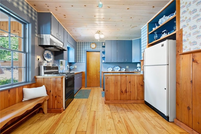355 Scott Rd, Cumberland, RI 02864 - kitchen with freestanding refrigerator, gas stove, open shelves, under cabinet range hood, and wooden ceiling