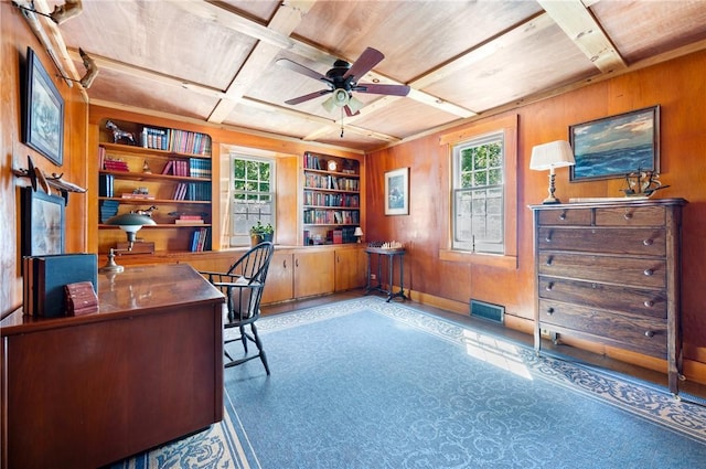 355 Scott Rd, Cumberland, RI 02864 - office with wood walls, wood ceiling, ceiling fan, built in shelves, and coffered ceiling
