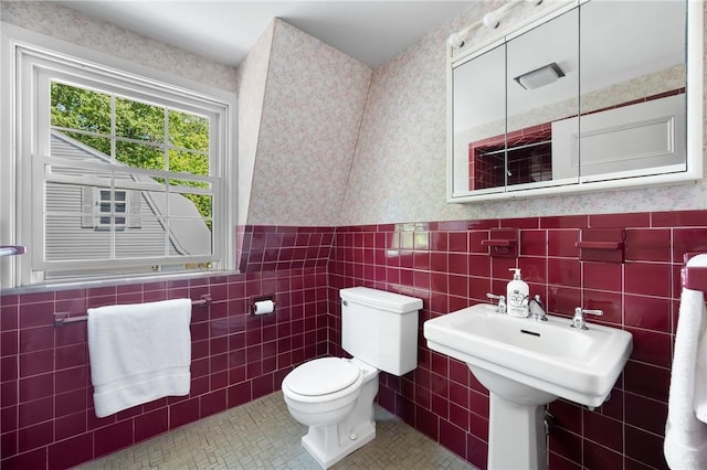 355 Scott Rd, Cumberland, RI 02864 - bathroom with wallpapered walls, wainscoting, tile walls, and tile patterned floors