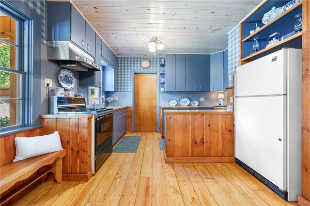 355 Scott Rd, Cumberland, RI 02864 - kitchen featuring freestanding refrigerator, black gas stove, under cabinet range hood, open shelves, and wood ceiling