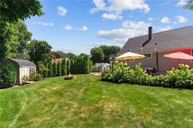 32 Spencer Rd, Smithfield, RI 02828 - view of grassy yard with an outdoor fire pit and a storage unit