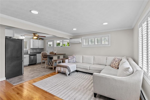 32 Spencer Rd, Smithfield, RI 02828 - living room featuring an AC wall unit, recessed lighting, light wood finished floors, ornamental molding, and a baseboard heating unit