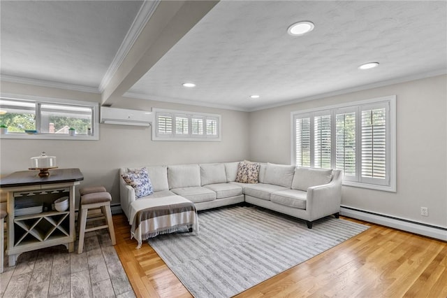 32 Spencer Rd, Smithfield, RI 02828 - living area featuring plenty of natural light, hardwood / wood-style floors, a baseboard radiator, ornamental molding, and recessed lighting