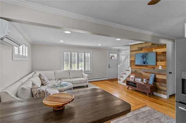 32 Spencer Rd, Smithfield, RI 02828 - living room featuring healthy amount of natural light, stairway, light wood finished floors, baseboard heating, and ornamental molding
