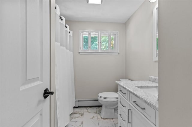 32 Spencer Rd, Smithfield, RI 02828 - bathroom featuring a baseboard radiator, marble look tile flooring, and vanity