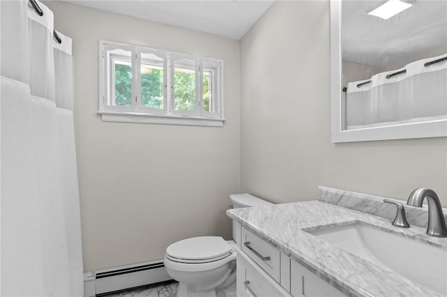 32 Spencer Rd, Smithfield, RI 02828 - full bathroom featuring a baseboard heating unit, marble look tile flooring, vanity, and a shower with curtain