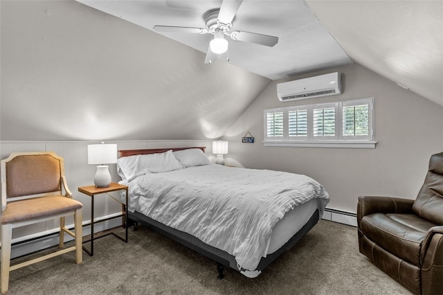 32 Spencer Rd, Smithfield, RI 02828 - bedroom with a wall mounted air conditioner, a baseboard radiator, carpet, a baseboard heating unit, and lofted ceiling