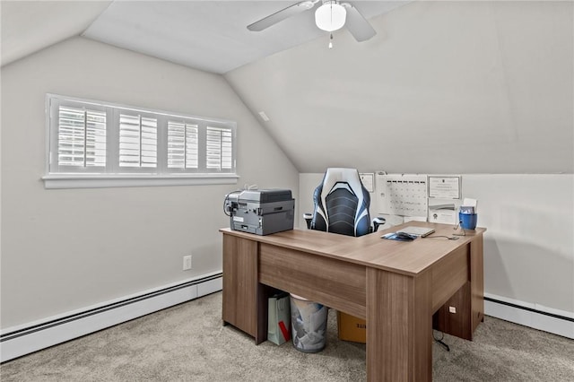 32 Spencer Rd, Smithfield, RI 02828 - office featuring a baseboard radiator, carpet, vaulted ceiling, and ceiling fan