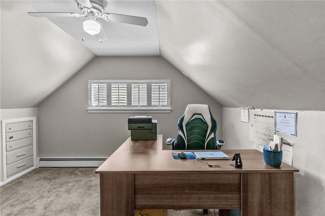 32 Spencer Rd, Smithfield, RI 02828 - home office featuring a baseboard radiator, carpet flooring, vaulted ceiling, and a ceiling fan