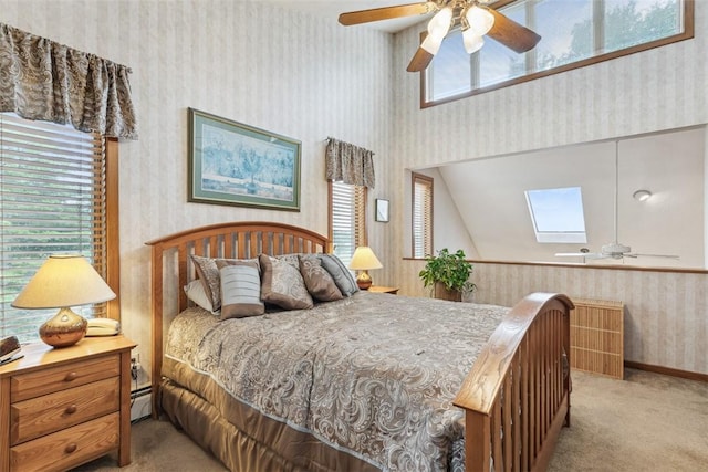 4 Wilbur Rd, Lincoln, RI 02865 - bedroom with wallpapered walls, carpet, baseboard heating, multiple windows, and a skylight