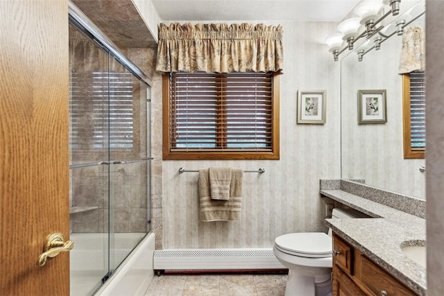 4 Wilbur Rd, Lincoln, RI 02865 - full bath featuring a baseboard heating unit, vanity, bath / shower combo with glass door, and tile patterned floors