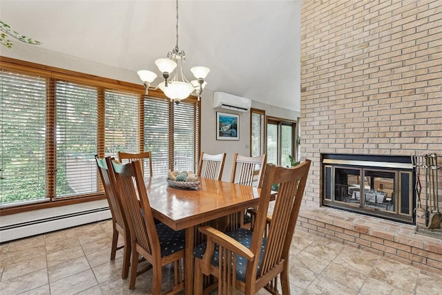 4 Wilbur Rd, Lincoln, RI 02865 - dining room featuring plenty of natural light, a chandelier, a wall mounted air conditioner, high vaulted ceiling, and a baseboard radiator