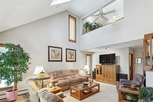 4 Wilbur Rd, Lincoln, RI 02865 - living area featuring high vaulted ceiling, a skylight, ceiling fan, and a baseboard heating unit