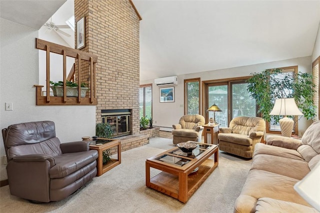 4 Wilbur Rd, Lincoln, RI 02865 - carpeted living room featuring a wall mounted air conditioner, ceiling fan, a brick fireplace, high vaulted ceiling, and baseboard heating