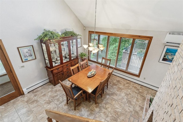 4 Wilbur Rd, Lincoln, RI 02865 - dining area with baseboard heating, a chandelier, vaulted ceiling, a wall mounted air conditioner, and stone finish flooring