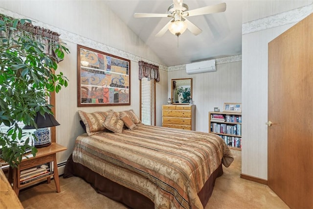4 Wilbur Rd, Lincoln, RI 02865 - bedroom with carpet floors, a wall mounted AC, lofted ceiling, wallpapered walls, and ceiling fan
