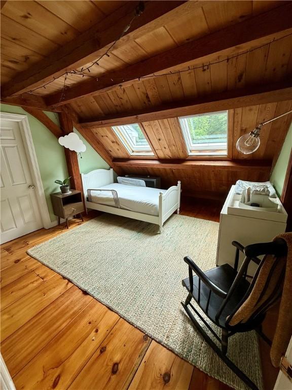 40 Charlotte Ave, North Kingstown, RI 02874 - bedroom featuring a skylight, wood ceiling, and wood-type flooring