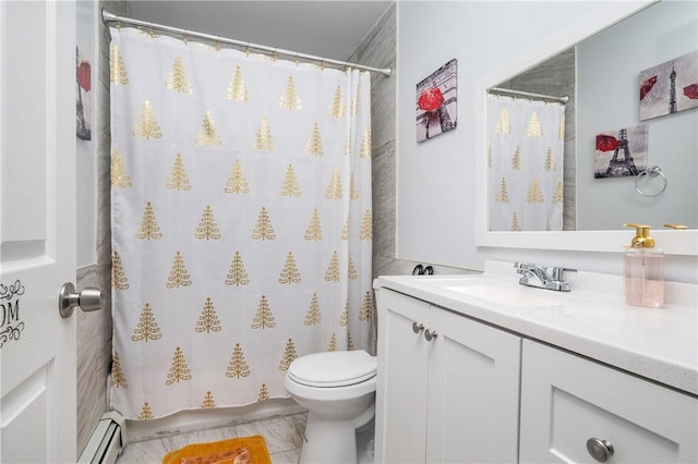 43 Amsterdam St, Providence, RI 02909 - bathroom featuring vanity, a baseboard heating unit, and a shower with shower curtain