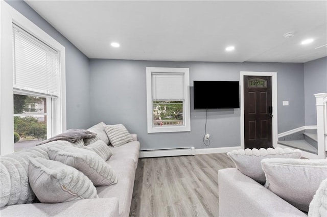 31 Stadden St, Providence, RI 02907 - living room with baseboard heating, wood finished floors, and recessed lighting