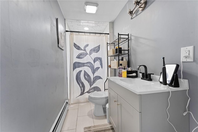 31 Stadden St, Providence, RI 02907 - bathroom with vanity, a baseboard radiator, a shower with curtain, and tile patterned floors