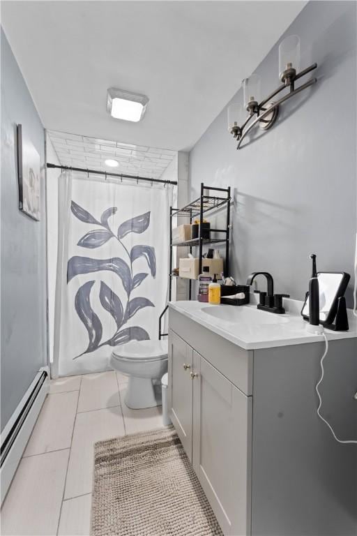31 Stadden St, Providence, RI 02907 - full bathroom featuring a baseboard radiator, vanity, a shower with shower curtain, and tile patterned flooring