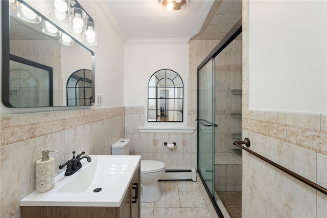 15 Bestwick Trl, Coventry, RI 02816 - full bathroom with tile walls, a baseboard heating unit, a stall shower, ornamental molding, and vanity