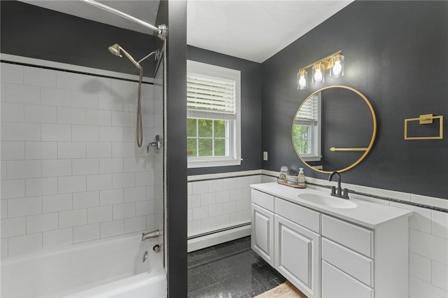 15 Bestwick Trl, Coventry, RI 02816 - bathroom with a baseboard heating unit, vanity, bathtub / shower combination, and a wainscoted wall
