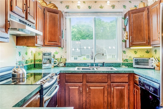 125 Smith Ave Unit 4C, Smithfield, RI 02828 - kitchen featuring stainless steel range with electric cooktop, under cabinet range hood, dishwasher, wallpapered walls, and brown cabinets