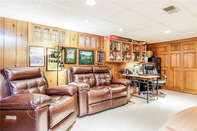 125 Smith Ave Unit 4C, Smithfield, RI 02828 - carpeted living room with an office area, a paneled ceiling, wood walls, and recessed lighting