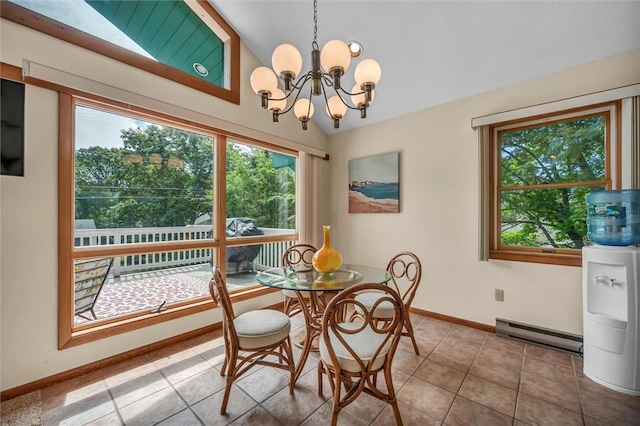 146 Balsam Rd, South Kingstown, RI 02879 - dining space featuring lofted ceiling, baseboard heating, healthy amount of natural light, a chandelier, and tile patterned flooring