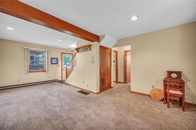 146 Balsam Rd, South Kingstown, RI 02879 - carpeted spare room with a baseboard radiator, stairs, and recessed lighting