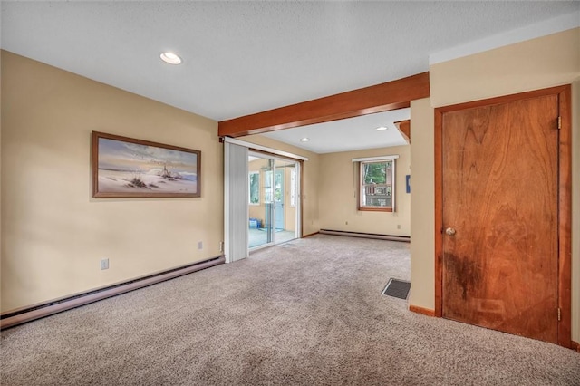 146 Balsam Rd, South Kingstown, RI 02879 - empty room featuring a baseboard heating unit, carpet flooring, recessed lighting, and beam ceiling