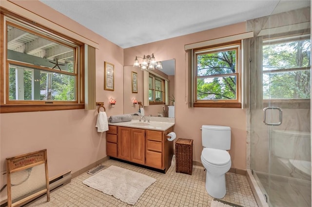 146 Balsam Rd, South Kingstown, RI 02879 - bathroom featuring vanity, a marble finish shower, and a chandelier