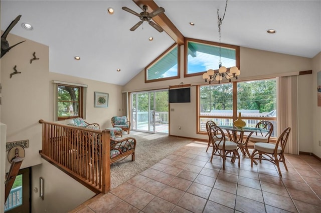 146 Balsam Rd, South Kingstown, RI 02879 - dining space with plenty of natural light, a chandelier, carpet flooring, a ceiling fan, and beam ceiling