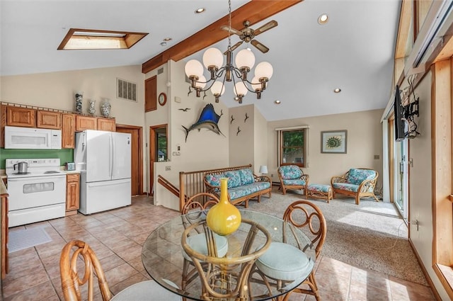 146 Balsam Rd, South Kingstown, RI 02879 - dining space with beam ceiling, a chandelier, high vaulted ceiling, recessed lighting, and a skylight