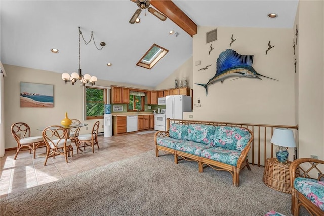 146 Balsam Rd, South Kingstown, RI 02879 - living room featuring a skylight, beamed ceiling, recessed lighting, ceiling fan, and a chandelier