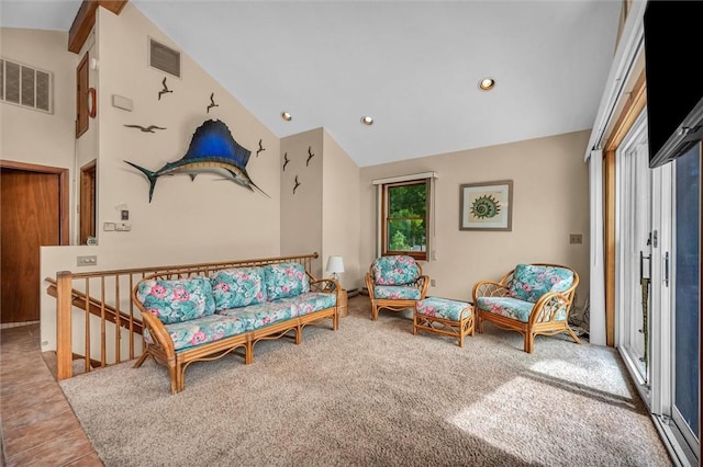 146 Balsam Rd, South Kingstown, RI 02879 - sitting room featuring vaulted ceiling, recessed lighting, an upstairs landing, and carpet flooring