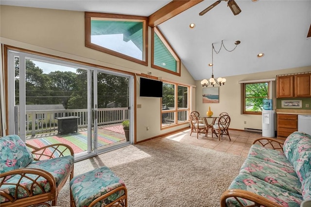 146 Balsam Rd, South Kingstown, RI 02879 - living area with high vaulted ceiling, a chandelier, baseboard heating, light tile patterned floors, and beam ceiling