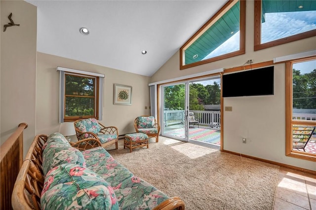 146 Balsam Rd, South Kingstown, RI 02879 - carpeted living area with plenty of natural light, high vaulted ceiling, and recessed lighting