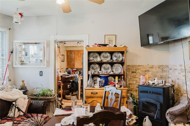 36 Gardner Ave, West Warwick, RI 02893 - misc room with a ceiling fan and a wood stove