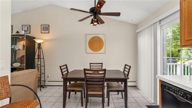 24 Mello St, West Warwick, RI 02893 - dining space featuring vaulted ceiling, light tile patterned floors, ceiling fan, and a baseboard heating unit