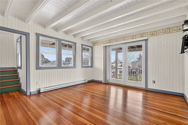 1 Barney Ave, South Kingstown, RI 02879 - spare room with baseboard heating, hardwood / wood-style floors, stairway, beamed ceiling, and wood walls