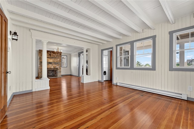 1 Barney Ave, South Kingstown, RI 02879 - unfurnished living room with a baseboard heating unit, hardwood / wood-style flooring, beam ceiling, plenty of natural light, and wood walls
