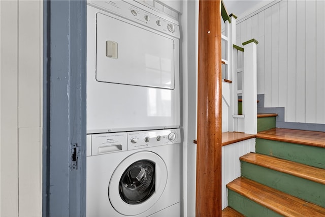1 Barney Ave, South Kingstown, RI 02879 - laundry room featuring stacked washer / dryer