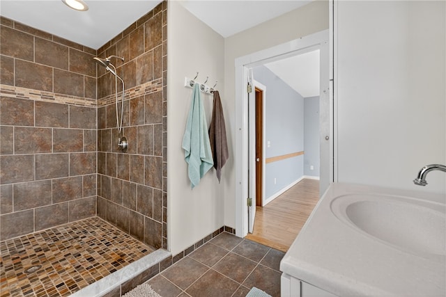 1 Barney Ave, South Kingstown, RI 02879 - full bath featuring a tile shower, vanity, tile patterned floors, and recessed lighting