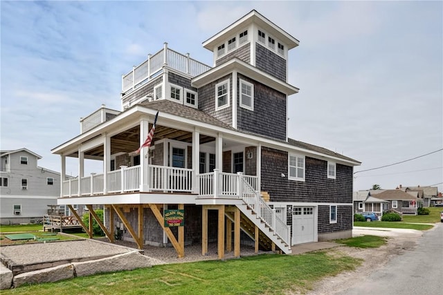1 Barney Ave, South Kingstown, RI 02879 - rear view of property featuring stairs, covered porch, roof with shingles, and a garage
