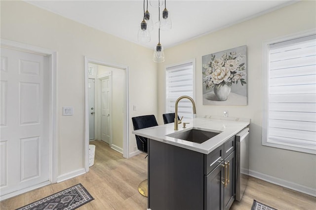 155 Early St, Providence, RI 02907 - kitchen with light wood-style floors, light countertops, hanging light fixtures, dark cabinets, and dishwasher