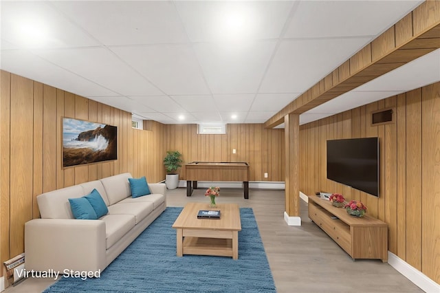 19 Cushing Rd, Warwick, RI 02888 - living room featuring wooden walls, light wood finished floors, recessed lighting, and a drop ceiling